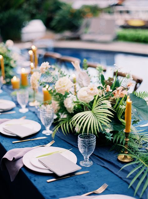 La Tavola Fine Linen Rental: Velvet Navy with Tuscany Silver Napkins | Photography: INGAVEDYAN Wedding Photography, Creative Direction, Styling & Art Direction: Donny Zavala Photography, Floral Design: Catalina Neal, Furniture Rentals, Les Saisons, Tabletop Decor: Maison de Ware Classic Blue Wedding, Tropical Wedding Theme, Tropical Wedding Decor, Rustic Wedding Decorations, Wedding Table Linens, Estilo Tropical, Hawaiian Wedding, Tropical Decor, Hawaii Wedding