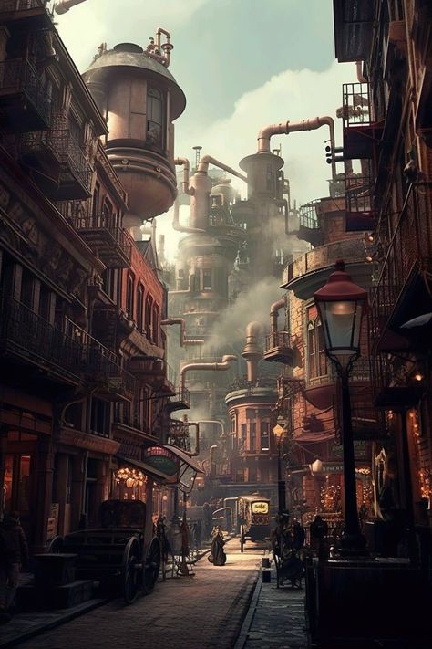 Industrial Age Aesthetic, Fantasy Industrial City, Dnd Steampunk City, Dieselpunk Wallpaper, Arcanepunk Aesthetic, Steampunk Fantasy World, Steampunk World Art, Steampunk Fantasy City, Steampunk Fantasy Aesthetic