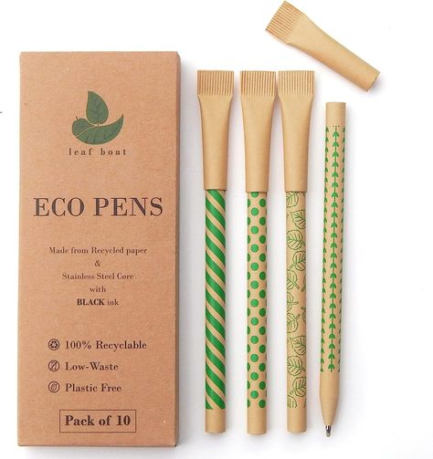 Great alternative to plastic ballpoint pens, these Eco Pens are made from recycled kraft paper and stainless steel ink core, making them 100% recyclable. To recycle the pen soak it in hot water for 3 minutes , unwrap the paper from the stainless steel core. Once both parts are separated they can be appropriately recycled. Pencil Case Essential, Recycled Pens, Pen Brands, Promotional Pens, Low Waste, Recyclable Packaging, Eco Friendly Paper, Paper Packaging, Sustainable Gifts