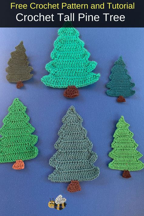 Get this free crochet pattern of a crochet pine tree. This and many other crochet patterns are available on my website, Kerri's Crochet. #FreeCrochetPatterns #CrochetPineTree #KerrisCrochet Crochet Mountain Applique, Christmas Tree Crochet Applique, Tree Crochet Pattern Free, Crochet Pine Tree, Crochet Ornaments Free Pattern, Christmas Applique Patterns, Pine Tree Pattern, Crochet Woodland, Tree Applique