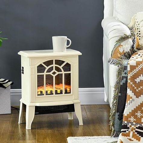 Amazon.com: HOMCOM 18" Electric Fireplace Heater, Fireplace Stove with Realistic LED Flames and Logs, Overheating Protection, 750W/1500W, Cream White : Home & Kitchen Portable Electric Fireplace, Electric Fireplace Stove, Fireplace Stove, Small Heater, Freestanding Stove, Stove Heater, Electric Fireplace Heater, Trailer Life, Fireplace Heater