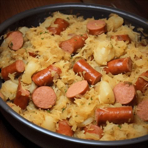 Polish sausage Sauerkraut and potatoes Polish Sausage Sauerkraut And Potatoes, Sauerkraut And Potatoes, Sausage Sauerkraut, Kielbasa Recipes, Polish Sausage, Sauerkraut Recipes, Kielbasa, Honey Roasted, Smoked Sausage