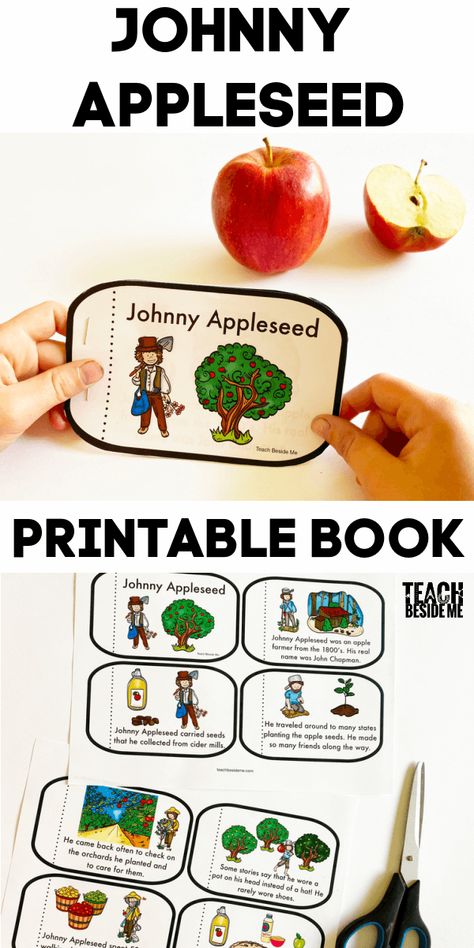 Printable Johnny Appleseed Book for kids! Perfect Fall learning activity for Apple theme! #apples #preschool #fall #autumn #johnnyappleseed Story Of Johnny Appleseed, Johnny Appleseed Free Printables, Johnny Appleseed Activities For Toddlers, Jonny Apple Seed Crafts, Johnny Apple Seed Activities, Johnny Appleseed Preschool, Johnny Appleseed Activities Preschool, Fdk Activities, Johnny Appleseed Craft