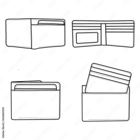 Technical drawings of bifold leather wallet card case open outline vector in front and backview, Isolated on white background. Template vector illustration for your leather bifold wallet design Wallet Design Ideas, Wallet Drawing, White Background Template, Wallet Design, Technical Drawings, Background Template, Line Art Design, Handmade Leather Wallet, Leather Bifold Wallet