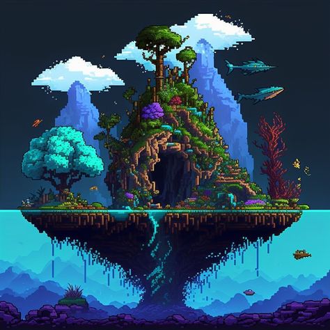 Terraria Floating Island, Terraria Mega Base, Terraria Landscape, Terraria Art Wallpaper, Terraria Background, Pixel Art Background Landscapes, Terraria Aesthetic, Terraria Characters, Floating Island Art