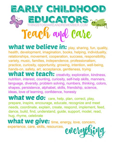 Early Childhood Educators TEACH and CARE Printable Poster from Share & Remember Early Childhood Education Degree, Early Childhood Education Classroom, Early Childhood Education Quotes, Early Childhood Education Resources, Early Childhood Education Activities, Emergent Curriculum, Childhood Quotes, Early Childhood Learning, Early Childhood Teacher