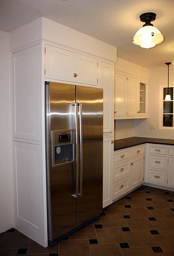 ourkitchen4 | Flickr - Photo Sharing! Fridge Enclosure, Cabinets Around Fridge, Pantry Addition, Kitchen Soffit, Refrigerator Cabinet, Kitchen Pantry Cabinets, Kitchen Redo, Updating House, Side Cabinet