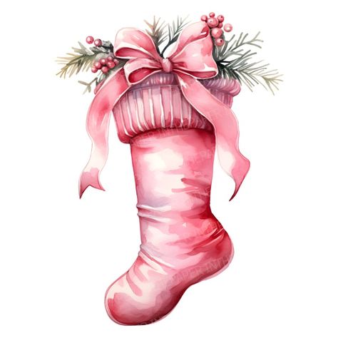 Enjoy the festive spirit with this watercolor clipart featuring a pink Christmas gift sock. These adorable, chubby socks are characterized by a thick cuff and a pink ribbon on top. Inside, you'll find Christmas-like green leaves and red berries, adding to the holiday charm. 🧦🎀🎄🎨 Green Leaves Decoration, Christmas Stockings Sewing, Leaves Decoration, Poinsettia Decor, Ornament Ribbon, Printable Frames, Pink Heart Earrings, A Pink Christmas, Christmas Clip Art