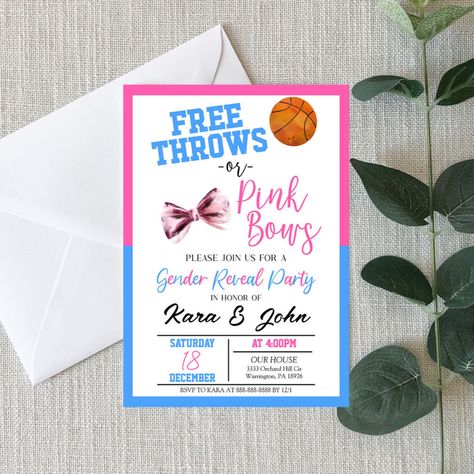 Free Throws Or Pink Bows, Basketball Gender Reveal, Bows Gender Reveal, Gender Reveal Unique, Bow Gender Reveal, Gender Reveal Games, Boy Gender Reveal, Gender Reveal Invitations, Pink Bows