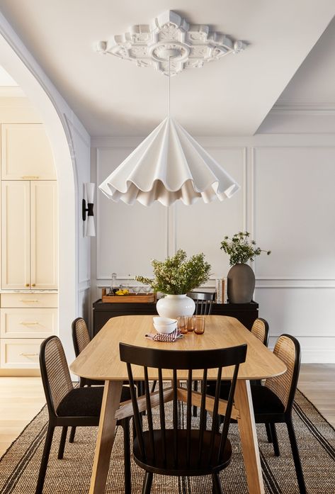 A Playful Yet Modern Family Friendly Home Thanksgiving Table Design, Designer Nightstand, Dark Paint Colors, Best White Paint, Farrow And Ball, Rattan Dining Chairs, Luxe Interiors, Row House, Contemporary Lighting