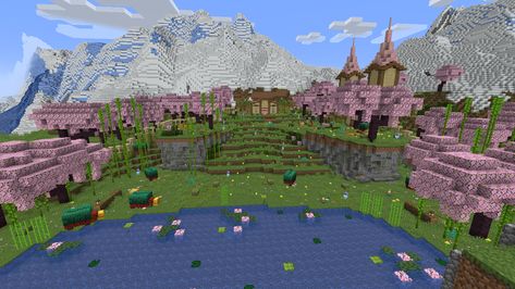 Sniffers peek a big land for Sniffers to roam freely. This Oasis has everything a Sniffer would want from water,plants,cliffs and more. Aesthetic Village Minecraft, Cherry Grove Village Minecraft, Small Cherry House Minecraft, Pink Minecraft Village, Minecraft Aesthetic Village, Cherry Village Minecraft, Cherry Wood Minecraft Builds, Minecraft Cherry Blossom Village, Cherry Blossom Village Minecraft