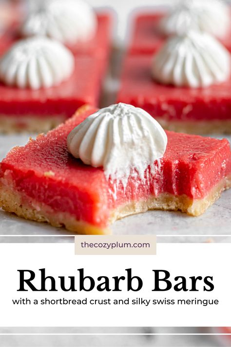 Rhubarb Bars are the epitome of spring and early summer! Bright and tangy rhubarb curd with a touch of ginger gets layered on top of a buttery shortbread crust and topped with a silky Swiss meringue. It is sweet, tart, and buttery all in one delicious bar. These rhubarb curd bars have amazing balance in flavors and textures, and are the perfect spring dessert bake. Rhubarb Curd Tart, Rhubarb Curd Recipe, Rhubarb Desserts Fine Dining, Rhubarb Bars Shortbread Crust, Rhubarb Ideas, Rhubarb Tarts, Rhubarb Custard Bars, Strawberry Rhubarb Bars, Rhubarb Curd