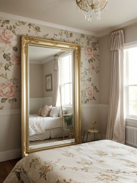 Set the stage for a Taylor Swift-inspired aesthetic bedroom with a vintage floral wallpaper as the focal point. Add a touch of glamour with a gold-framed full-length mirror and finish off the look with fairy lights draped above the bed. Gold Mirror Full Length, Mirror On Ceiling Above Bed, Full Length Mirror Gold Frame, Gold Mirror Bedroom, Mirror Above Bed, Full Length Mirror In Bedroom, Curtains Behind Bed, Vintage Floral Wallpaper, Dream Master