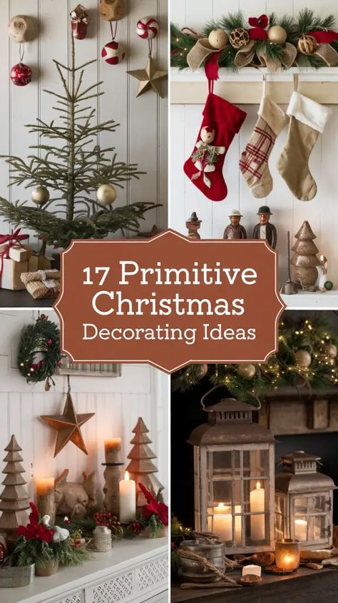 17 Primitive Christmas Decorating Ideas That Will Fill Your Home with Rustic Charm! Primitive Xmas Decorating, Cranberry Crafts Christmas, Primitive Christmas Centerpieces, Christmas Burlap Decorations, Vintage Country Christmas Decor, Country Christmas Decorations Diy Rustic, Appalachian Christmas Decorations, Primitive Christmas Tree Decorations, Early American Christmas Decorating