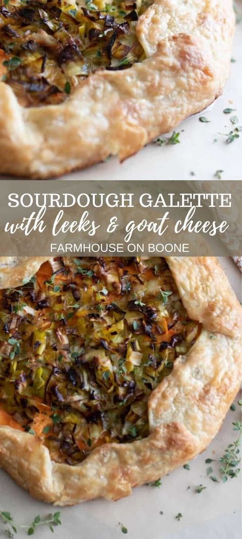 This rustic and delicious sourdough galette is made with sage, leeks and potatoes, topped with goat cheese and drizzled with honey for the ultimate combination of savory and sweet. It makes the perfect dinner or appetizer. #farmhouseonboone #sourdough #sourdoughgalette #galette #savorygalettern Sourdough Goat Cheese, Sourdough Galette Dough, Galette Recipes Savory, Sourdough Savory Recipes, Sourdough Discard Savory, Sourdough Galette, Savory Sourdough Recipes, Sourdough Appetizers, Gallete Recipe