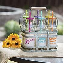 Glass Milk Bottle Drinkware Set with Canvas Sleeves  6-Pack Camping Drinks, Metal Caddy, Glass Milk Bottles, Drinkware Sets, Milk Bottles, Bar Glassware, Glass Kitchen, Galvanized Metal, Milk Bottle