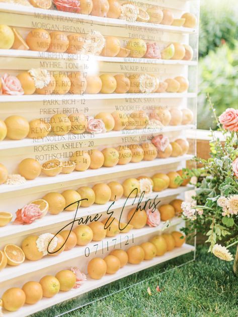 Citrus Bridal Shower Backdrop, Citrus Beach Wedding, Orange Fruit Wedding Decor, Citrus And Sunset Theme, Citrus Wedding Seating Chart, Wedding Seating Chart Display, Citrus Party, Citrus Theme, Citrus Wedding