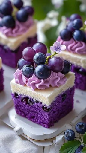 ↑↑↑ Larger size on website 🔸 A close-up shot of a purple cake with a white frosting and a cluster of fresh blueberries and grapes Cake With Fresh Fruit, Grape Cake, Cups Recipes, Dessert Cups Recipes, Purple Cake, Colorful Desserts, Purple Cakes, White Tablecloth, White Frosting