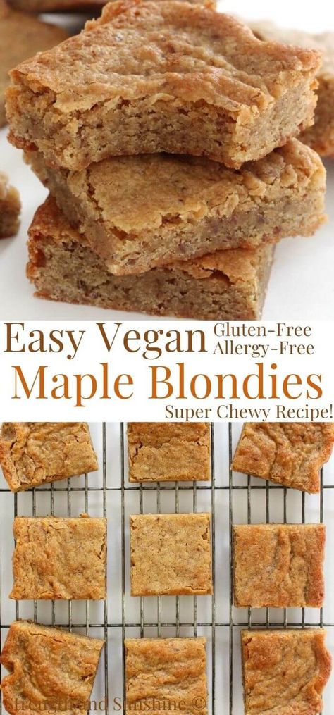 Gluten-Free Maple Blondies (Vegan, Allergy-Free) | Strength and Sunshine | These super easy Gluten-Free Maple Blondies are vegan, allergy-free, and just 8 ingredients! Incredibly chewy, soft, buttery, and packed with rich maple and caramel-y brown sugar flavors! This simple nut-free, dairy-free, and eggless blondie recipe is a lightened up and healthy treat everyone will be reaching for! #blondies #veganblondies #glutenfreeblondies #eggless #maple #maplesyrup Eggless Blondies Recipe, Maple Blondies, Nut Free Desserts, Autumn Dessert, Dump And Bake, Gluten Free Dairy Free Dessert, Vegan Baking Recipes, Nut Free Recipes, Vegan Gluten Free Recipes