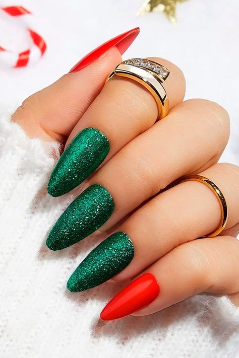 Almond Shaped Red and Glitter Green Christmas Press on Nails Green Glitter Nails Christmas, Red Green And Gold Christmas Nails, Christmas Nails Acrylic Green, Acrylics Christmas, Christmas Nails Red And Green, Christmas Nails Blue, Christmas Nails Glitter, Decoration Nails, Plaid Nail Designs