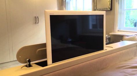 TV Lift Cabinet for End of Bed | The House Shop Blog End Of Bed Tv Unit, Tv At End Of Bed, Hidden Tv Bedroom, Bed Tv Lift, Tv Cabinet Diy, Projector Ideas, Tv Bed Frame, Tv Bedroom, Motorized Tv Lift