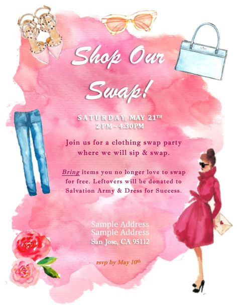 Swap Party Watercolor Feminine Invite Example: 12 tips for hosting a Swap Party with your friends. Declutter your home & closets while getting a few great new items & donating to charity. It's the perfect way to save money on shopping & tame your clutter. Clothing Swap Party Invitation, Swap Party Ideas, Swap Party Invitation, Clothes Swap Party, Thrift Boutique, Charity Ideas, Sunshine Committee, Clothing Exchange, Feminine Watercolor