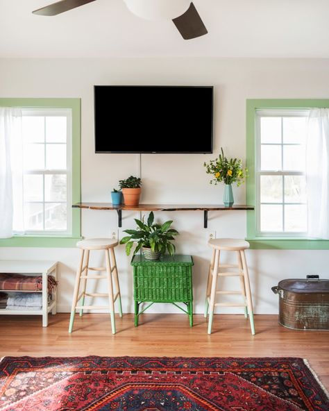 Your TV wall can be just as nice to look at as the TV itself: just add color and subtract clutter to liven it up! #ad #swcolorlove Modern Craftsman Interior, Window Frame Colours, Painted Window Frames, Craftsman Interior, Green Windows, Big Tv, Bright Spring, Window Frames, Eclectic Home