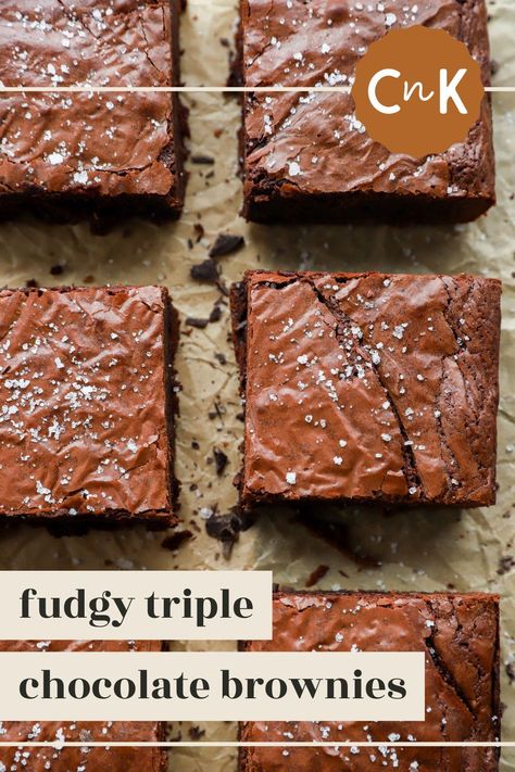 With three different types of chocolate, these homemade triple chocolate brownies are fudgy, moist, and rich. They are the ultimate dessert for any chocolate lover, finished with a sprinkle of salt for an added burst of flavor. Triple Chocolate Brownies, Chocolate Pack, Types Of Chocolate, Warm Chocolate, Spring Desserts, Best Brownies, Triple Chocolate, Chocolate Craving, Milk Chocolate Chips