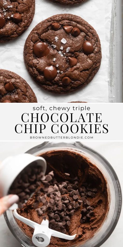 These Chocolate Chocolate Chip Cookies are a chocolate lover’s dream! They have the most incredible soft and chewy texture and a triple dose of chocolate. Plus, they’re super easy to make and always a crowd pleaser! Get the recipe on the blog. | Browned Butter Blondie Chewy Chocolate Chocolate Chip Cookies, Double Chocolate Cookies Recipes, Fudgy Chocolate Cookies, Reverse Chocolate Chip Cookies, Buttermilk Chocolate Chip Cookies, Baked Goods For A Crowd, Brown Butter Cookie Recipes, Chewy Cookies Recipes, Cookies With Melted Butter