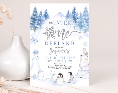 Winter Onederland Invitations, Winter Onederland, Birthday Party Invite, Woodland Forest, Arctic Animals, Party Invite, Editable Invitations, 1st Birthday Party, 1st Birthday Parties