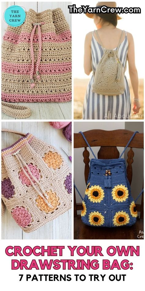 Get creative with crochet and make your own stylish drawstring bags! These patterns are perfect for adding a personal touch to your accessories collection. Curated by The Yarn Crew. Easy Drawstring Bag, Drawstring Bag Diy, Crochet Drawstring Bag, Drawstring Bag Pattern, Crochet Drawstring, Crochet Backpack Pattern, Free Crochet Bag, Crochet Backpack, Crochet Bag Pattern Free