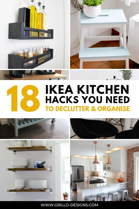 the best kitchen hacks to help keep your kitchen decluttered and tidy, includes the best IKEA hacks for storage and more- grillo-designs.com Countertop Storage Kitchen, Ikea Spice Rack Hack, Ikea Kitchen Shelves, Ikea Kitchen Cupboards, Ikea Kitchen Accessories, Ikea Decor Hacks, Ikea Kitchen Organization, Ikea Kitchen Storage, Ikea Spice Rack