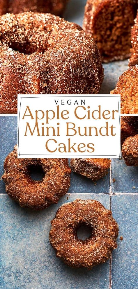 Get ready to experience the most mouthwatering vegan apple cider mini bundt cakes you'll ever taste! Bursting with the rich flavor of apple cider and topped with irresistible cinnamon sugar, these autumn treats are the perfect addition to any gathering. Don't miss out on trying these delectable cakes this fall. Get the recipe now and start baking! Vegan Apple Cider Donut Cake, Apple Cider Mini Bundt Cakes, Vegan Mini Bundt Cakes, Apple Cider Recipes Desserts, Mini Carmel Apples, Vegan Apple Cider, Mini Bunt Cake, Mini Bundt Cakes Recipes, Vegan Apple Cake