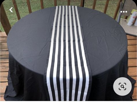 Black And White Striped Table Runner, Black And White Runner, Black And White Table Runner, Halloween Wedding Reception, Horror Wedding, Black Round Table, Round Wedding Tables, White Round Tables, Property Ideas