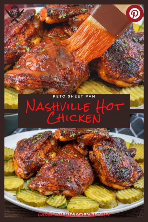 Oven baked Nashville chicken thighs with dill pickle chips Nashville Hot Chicken Recipe, Keto Sheet Pan, Hot Chicken Recipe, Nashville Chicken, Crispy Oven Baked Chicken, Chicken Shack, Nashville Hot Chicken, Nashville Hot, Oven Baked Chicken