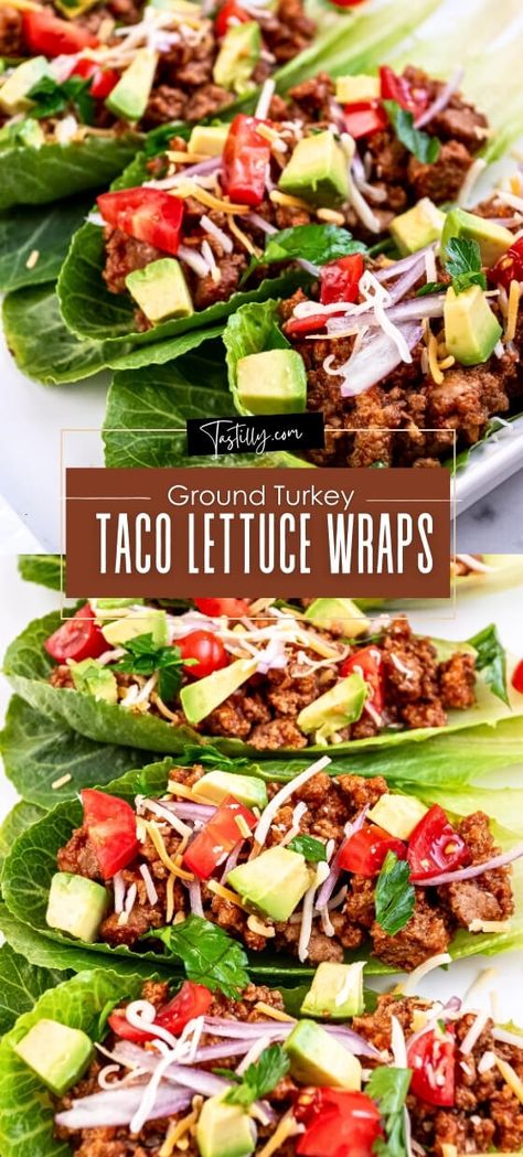 25-Minute Turkey Taco Lettuce Wraps - Tastilly Mexican Toppings, Seasoned Ground Turkey, Turkey Taco Lettuce Wraps, Lettuce Wraps Healthy, Taco Lettuce Wraps, Lettuce Tacos, Turkey Lettuce Wraps, Ground Turkey Tacos, Turkey Taco