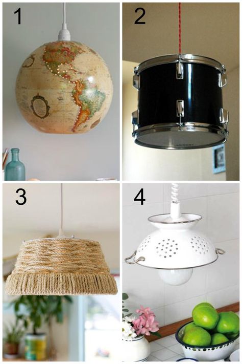 Disguise builder-grade light fixtures or turn them into pendant lights by using some surprising items from around the house. Diy Hanging Light, Diy Kitchen Lighting, Upcycled Lighting, Diy Pendant Light, Lampshade Makeover, Diy Light Fixtures, Rustic Light Fixtures, Hanging Lamp Shade, Diy Shades