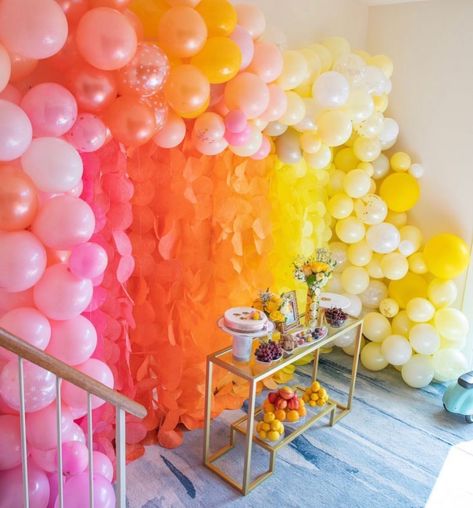 Colorful Birthday Backdrop, Pink Orange Backdrop, Pink Orange Yellow Birthday Party, Bright Color Backdrop, Pink Lemonade Balloon Garland, Themed First Birthday, Wall Backdrops, First Birthday Party, So Happy