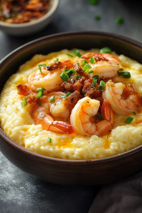 Make easy shrimp and grits with crispy bacon! This flavorful recipe is perfect for a comforting Southern-style meal. Shrimp And Bacon Recipes, Grits Dishes, Sweet Grits, Easy Shrimp And Grits, Grits Recipes, Shrimp Grits Recipe, Cauliflower Pizza Recipe, Trendy Recipes, How To Cook Grits