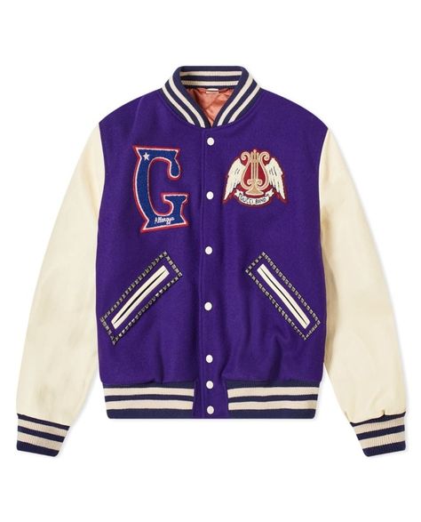 Add a touch of luxury and sporty style to your wardrobe with the Gucci Band Varsity Jacket in regal purple from Varsity Wingdom! Nba Clothes, Purple Varsity Jacket, Luxury Street Style, Ivy League Style, Varsity Jackets, Jersey Jacket, Mythical Beast, Fashion Man, Ivy League