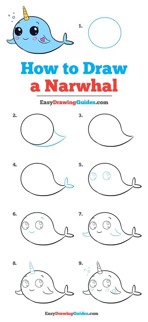 How to Draw a Cute Narwhal - Really Easy Drawing Tutorial Trin For Trin Tegning, Easy People Drawings, Cute Narwhal, Easy Drawing Steps, Easy Drawings For Beginners, How To Draw Steps, Drawing Tutorials For Beginners, Easy Drawing Tutorial, Drawing Tutorials For Kids