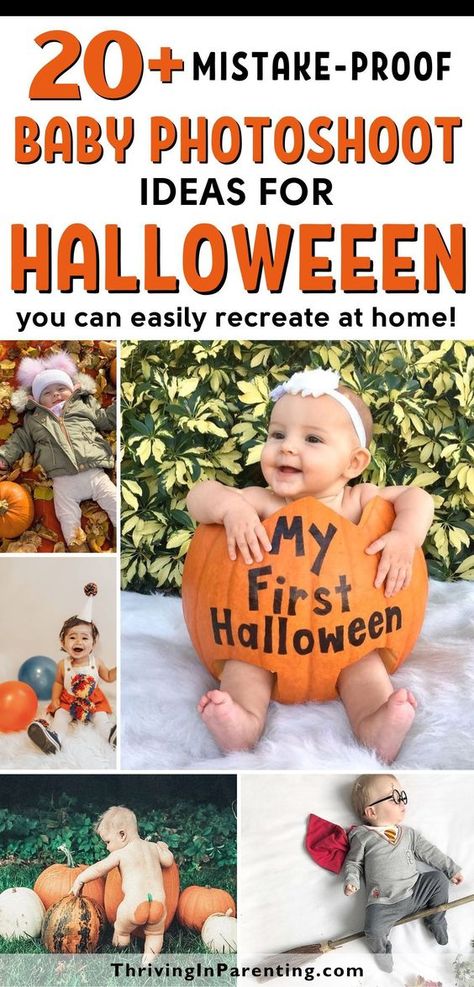 Looking for baby photoshoot ideas for Halloween that you can easily recreate at home? These Halloween photoshoot ideas for babies are perfect for busy moms! From Halloween baby photoshoot ideas at home right in your living room or backyard, classic baby pumpkin pictures, pumpkin milk bath, laying on a pile of leaves, to cake smash sessions, these Halloween baby photography ideas are mistake-proof! Find family Halloween picture ideas with baby and DIY Halloween costume ideas in this list too! Baby In A Pumpkin Picture, Pumpkin Baby Pictures, Baby In Pumpkin Picture, Diy Halloween Photoshoot, Pumpkin Baby Photoshoot, Pumpkin Milk Bath, Halloween Photoshoot Baby, Baby Halloween Photoshoot, Halloween Baby Photoshoot