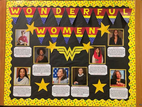 ‘Wonder Woman’ Themed Bulletin board, “Wonderful Women”! This board makes an excellent academic board for all ages during Women’s History Month. Boards such as this one recognize women from different ethnic and cultural backgrounds for their achievements and contributions to society. #bulletinboardideas #reslife #spring #womenshistorymonth #wonderwomen #march #yellow #theme #winter #aesthetic Womens Month Decorations, Wonder Woman Bulletin Board, Bulletin Board Womens History Month, Women In Stem Bulletin Board, Women’s History Month Display, Women History Month Bulletin Board Ideas, Women’s Month Bulletin Board, Woman’s History Month Bulletin Board, Womens Month Bulletin Board