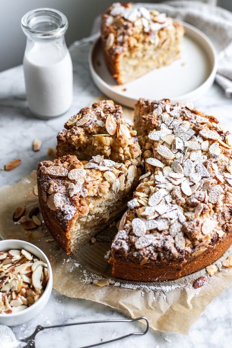 This deliciously buttery almond coffee cake is inspired by the classic almond croissant- with rich frangipane and cream cheese filling rippled throughout and a crunchy nutty almond vanilla streusel on top! Oh, and you'll never believe it's vegan and dairy free! Almond Bread Pudding, Almond Custard, Almond Coffee Cake, Almond Coffee, Brioche Rolls, Almond Bread, Almond Croissant, Turbinado Sugar, Brioche Bread