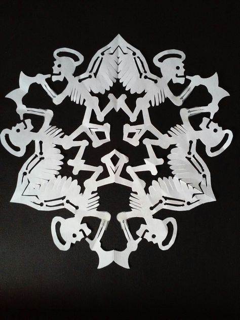 My angel flake from 2014 Halloween Paper Snowflakes, Halloween Snowflakes, Spooky Paper Snowflakes, Skull Snowflake Pattern, Spooky Snowflake, Snow Flake Designs Paper, Snow Flake Paper Cut, Snowflakes Paper, Paper Snowflake Patterns