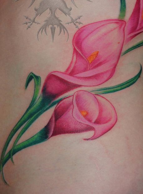 calla lily tattoo Lily Tattoo For Men, Lily Hip Tattoo, Tattoo Calla Lily, Lily Tattoo Ideas, Calla Lily Tattoo, Pink Calla Lily, Lily Tattoos, Front Shoulder Tattoos, Lillies Tattoo