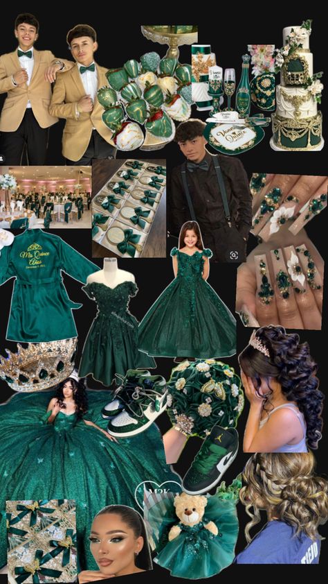 Emerald Green Quinceanera Theme Makeup, Emerald Green And Gold Quince Theme, Green And Gold Quinceanera Theme, Emerald Green 15 Dress, Emerald Green Quince Theme, Emerald Quinceanera, Gold Quince Dress, Emerald Green Quinceanera Theme, Enchanted Forest Quinceanera Theme