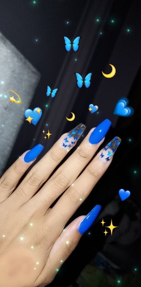 Navy Blue Butterfly Nails, Royal Blue Nails Butterfly, Royal Blue Nails With Butterflies, Sweethearts Dance, Blue Butterfly Nails, Quinceñera Ideas, Dance Nails, Nail Aesthetic, Royal Blue Nails