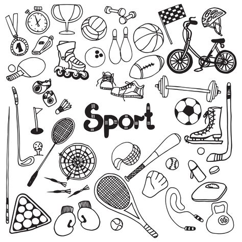 Sports Day Poster, Sports Drawing, Drawing Ideas Easy Doodles, Free Doodles, Sports Drawings, Sport Equipment, Sport Set, Easy Doodles, Doodle Icon