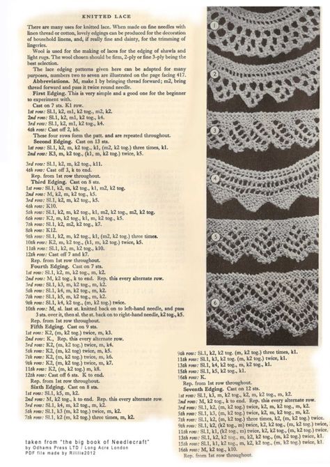 vintage-knitted-lace-patterns... wouldn't it be fun to actually MAKE something with this! Knitting Edges, Knitted Edges, Knitting 101, Summer Knitting Patterns, Lace Knitting Stitches, Knitting Lace, Hand Knits, Lace Edges, Crochet Knit Stitches